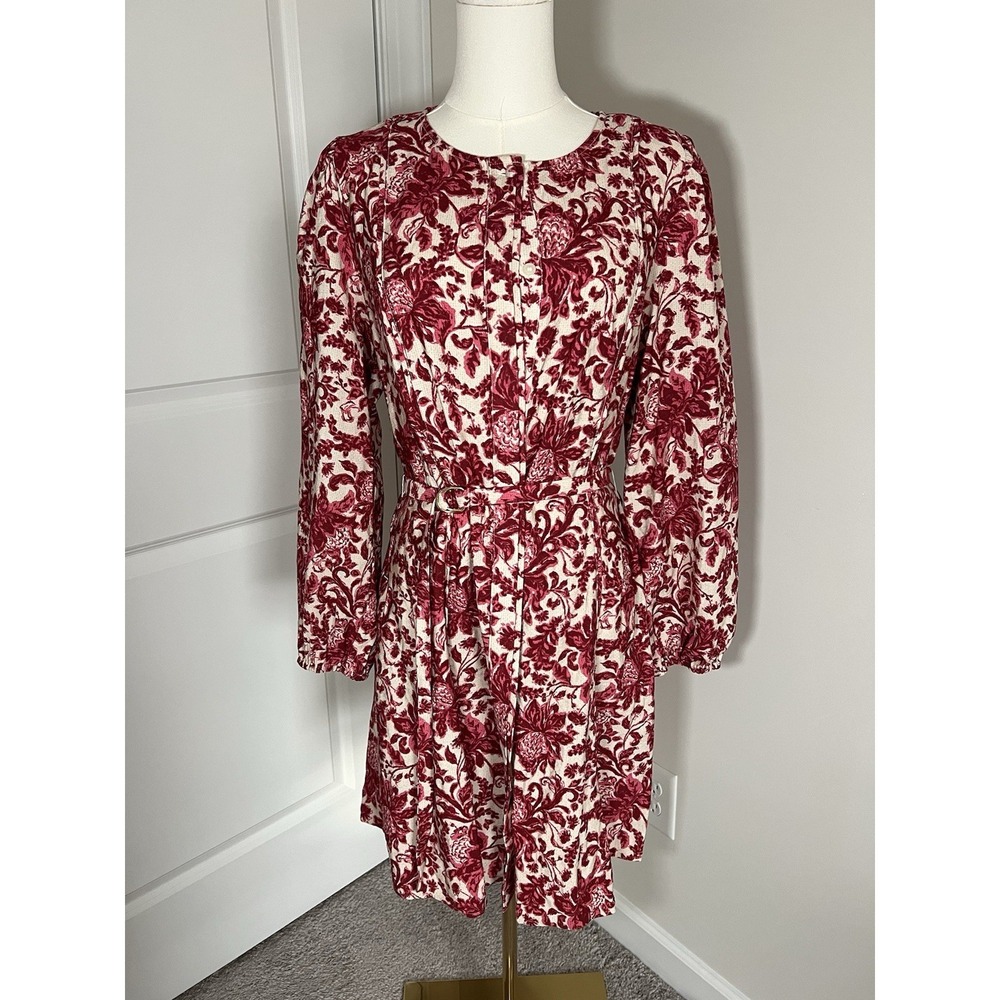 Women's Loft Long Sleeve Mini Button Up Belt Dress Cottagecore Floral Size‎ 12